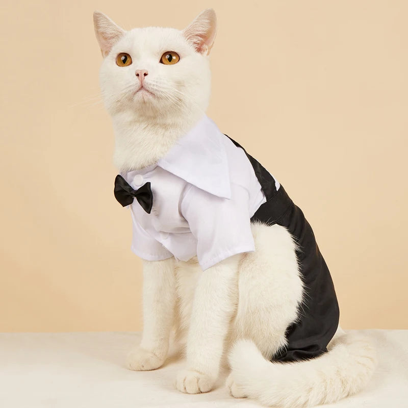 Western Mens Suit for Cats Formal Onesie Cat Clothes Festival Wedding Dog Costumes Bow Tie Puppy Tuxedo Shirt Overall for Yorkie