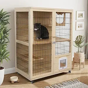 Wooden Cat House Enclosed Large Space Cage Indoor with Scratching Post and Lockable Wheels Double Layer with Escape Door