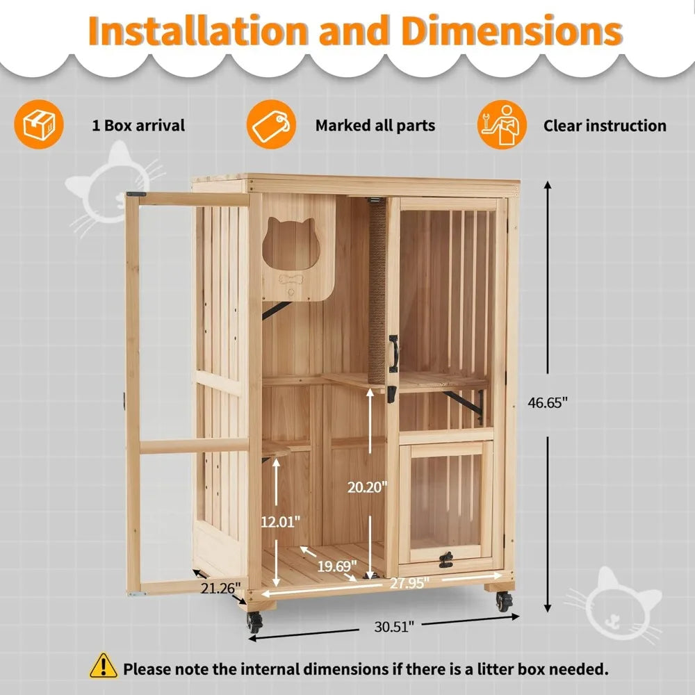 Luxury Cat House with Scratching Post, Wooden Multi Feature Large Cat Condo with Escape Door and Wheels, Kitten Cages with Shel