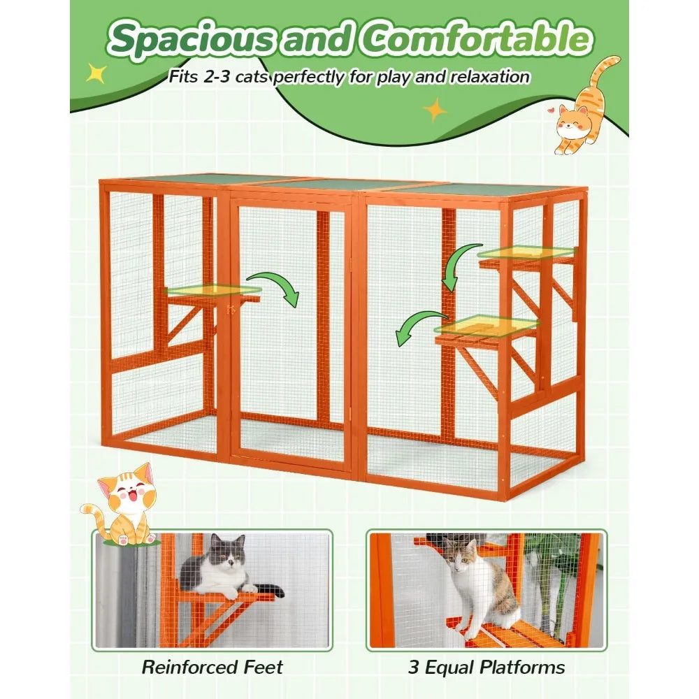 House Weatherproof, Wooden Catios for Cats Outdoor Patio,71" Large Cat Enclosures Indoor for Multiple Cats