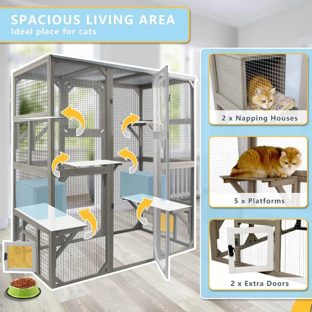 Catio Outdoor Cat Enclosure Large Window Cat House Walk in Kitty Cage with Multi-Level Platforms, Waterproof Roof for Mulitiple