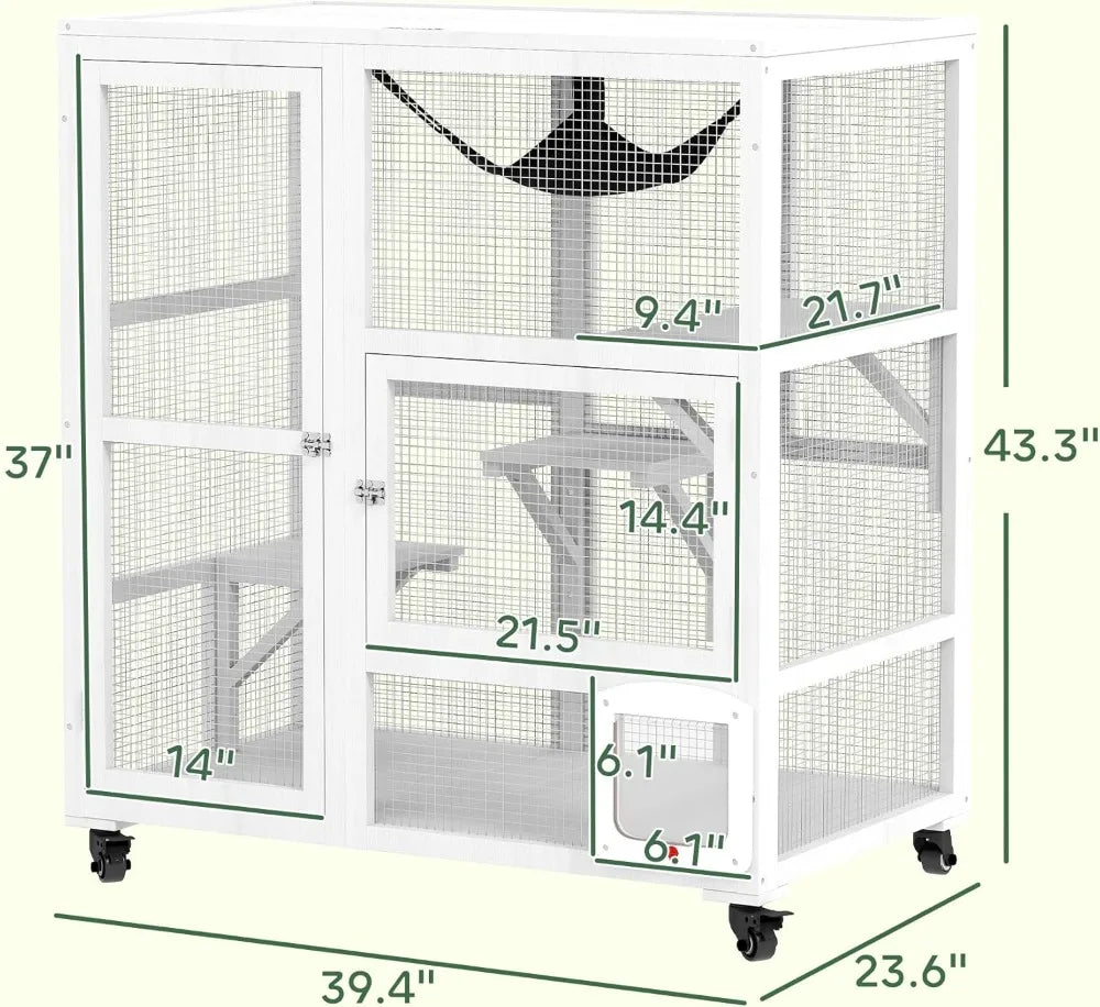 Indoor Wooden Catio, Cat House Cat Enclosure on Wheels with 3 Platforms, Hammock, Cat Flap Door & Openable Top