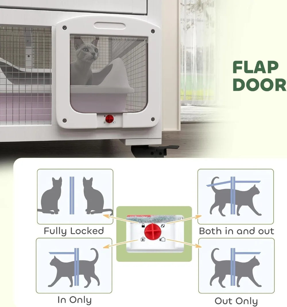 Indoor Wooden Catio, Cat House Cat Enclosure on Wheels with 3 Platforms, Hammock, Cat Flap Door & Openable Top