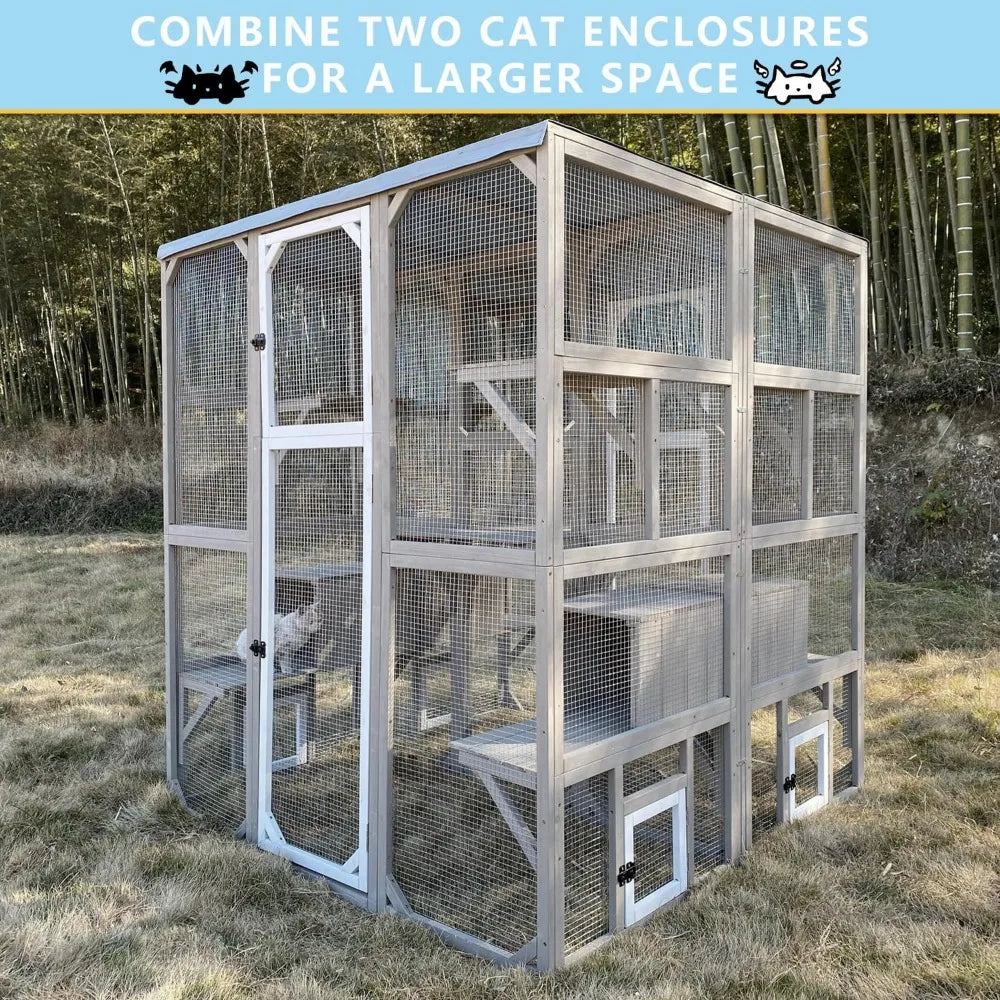 Catio Outdoor Cat Enclosure Large Window Cat House Walk in Kitty Cage with Multi-Level Platforms, Waterproof Roof for Mulitiple