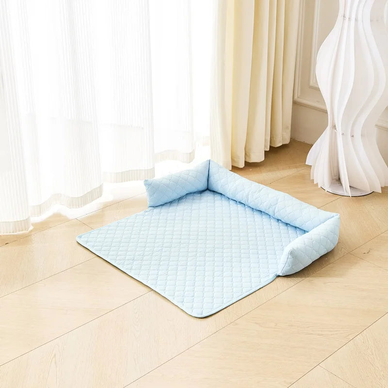 Summer Cooling Feel Pet Sofa Blanket for Medium Dogs Ice Silk Cat Dog Sleeping Nest Non-slip Plaid Dog Bed Pad with Neck Pillow