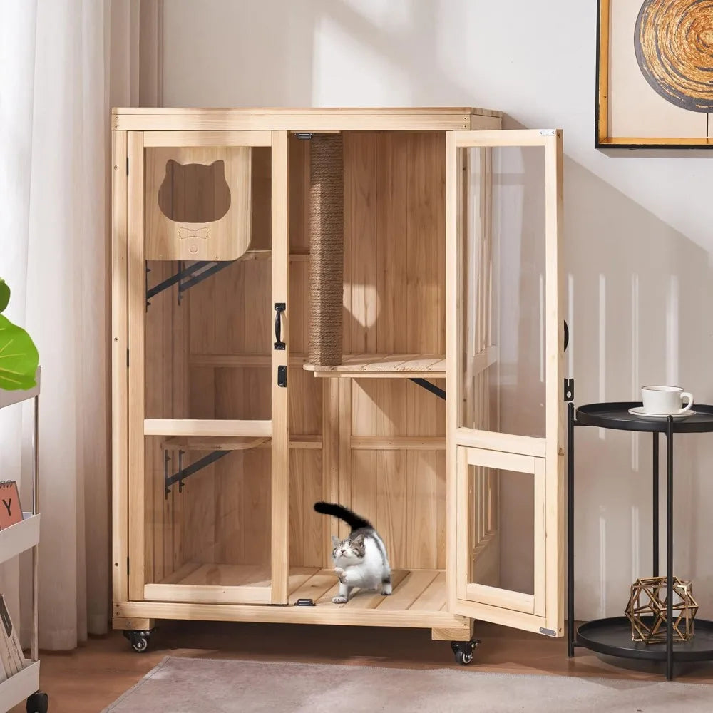 Luxury Cat House with Scratching Post, Wooden Multi Feature Large Cat Condo with Escape Door and Wheels, Kitten Cages with Shel