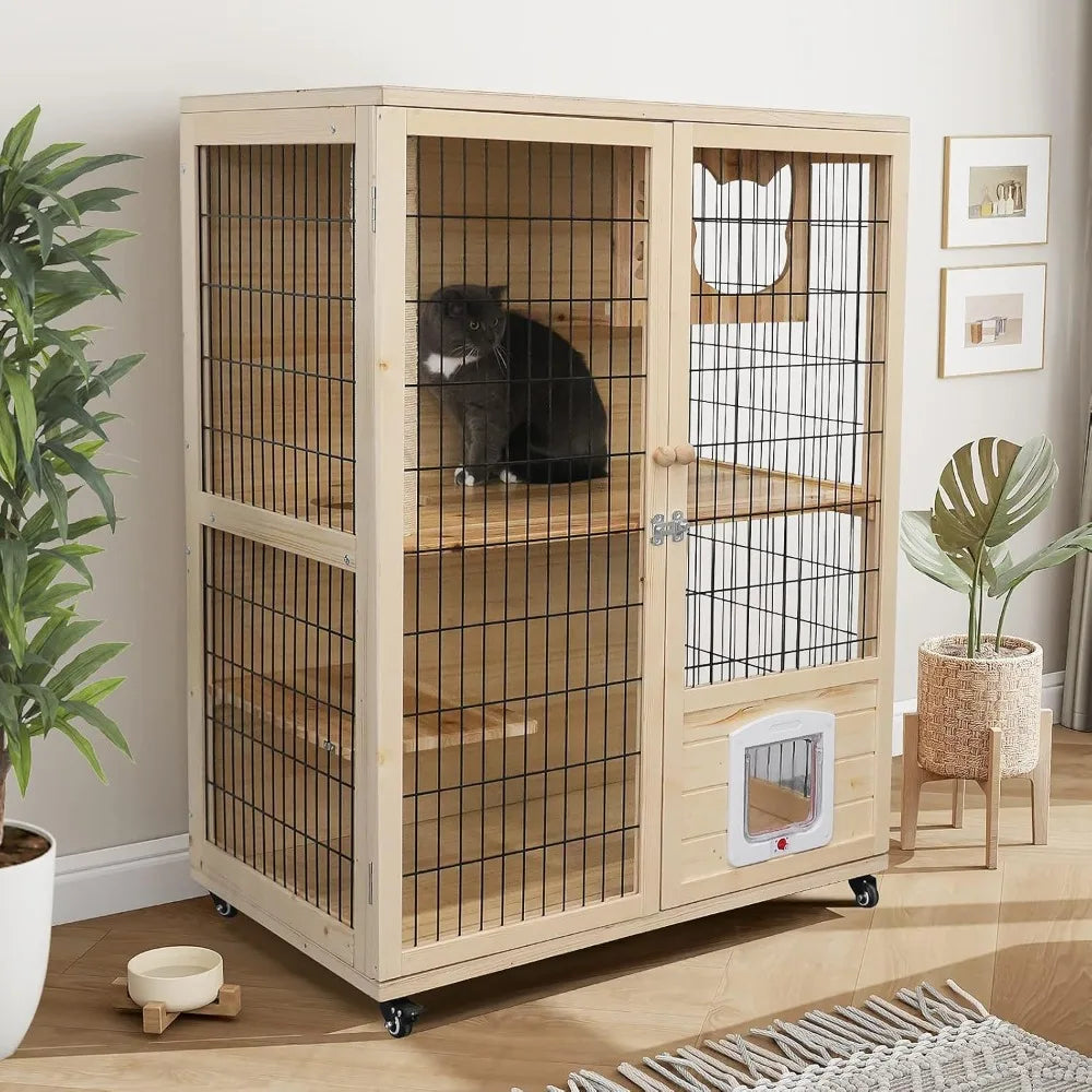 Wooden Cat House Enclosed Large Space Cage Indoor with Scratching Post and Lockable Wheels Double Layer with Escape Door