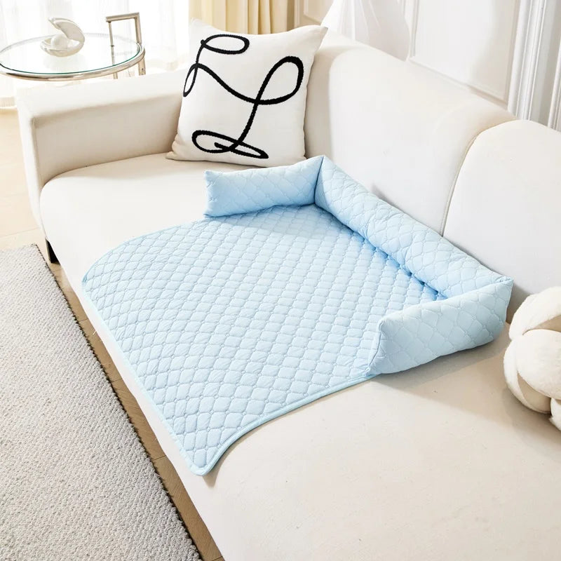 Summer Cooling Feel Pet Sofa Blanket for Medium Dogs Ice Silk Cat Dog Sleeping Nest Non-slip Plaid Dog Bed Pad with Neck Pillow