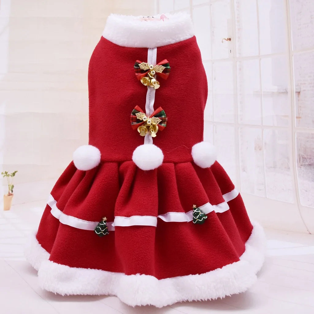 Double-sided Velvet Thickened Bow Hairball Bell Red Pet Christmas Dress, New Dog Pet Clothes for Autumn and Winter