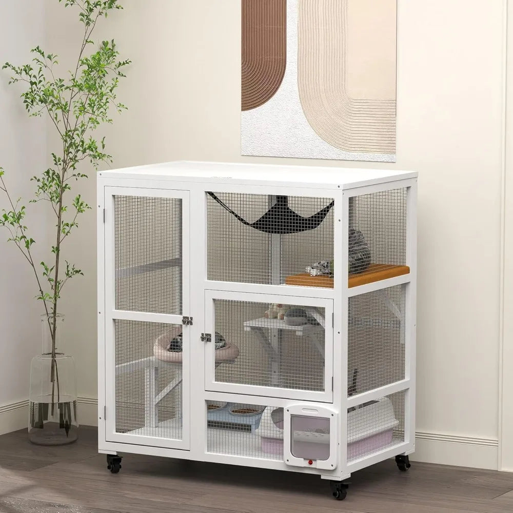 Indoor Wooden Catio, Cat House Cat Enclosure on Wheels with 3 Platforms, Hammock, Cat Flap Door & Openable Top
