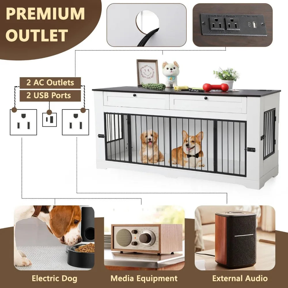 Large Dog Crate Furniture-Decorative Heavy Duty Dog Cage Indoor, Wooden Dog Cage End Table with Charging Station, Dog House with