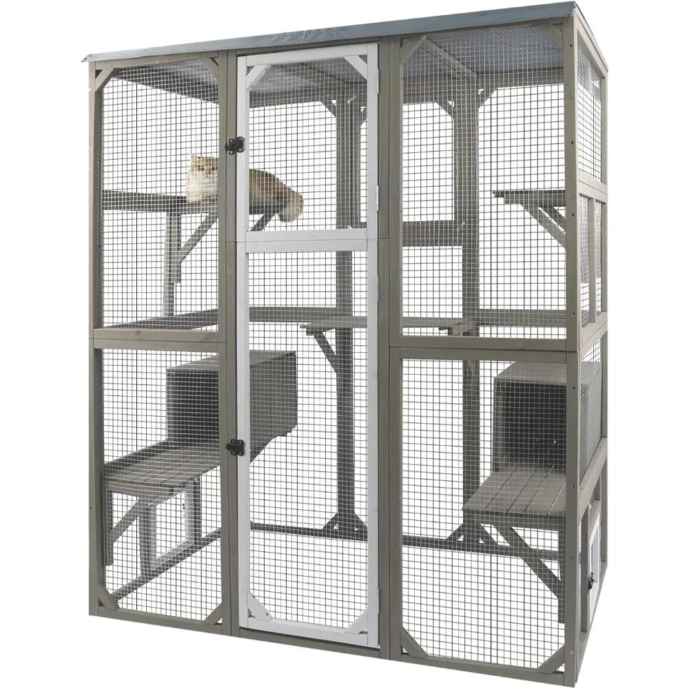 Catio Outdoor Cat Enclosure Large Window Cat House Walk in Kitty Cage with Multi-Level Platforms, Waterproof Roof for Mulitiple