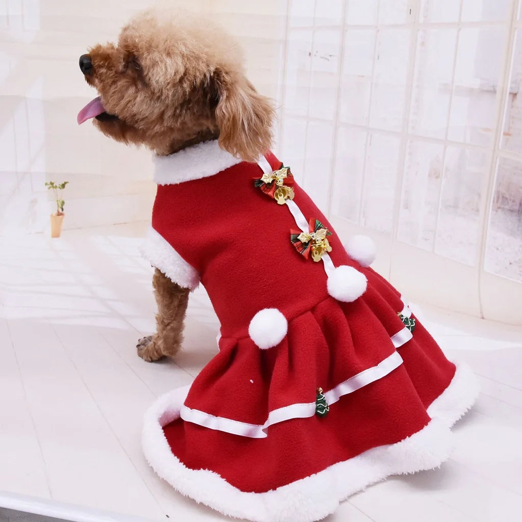 Double-sided Velvet Thickened Bow Hairball Bell Red Pet Christmas Dress, New Dog Pet Clothes for Autumn and Winter