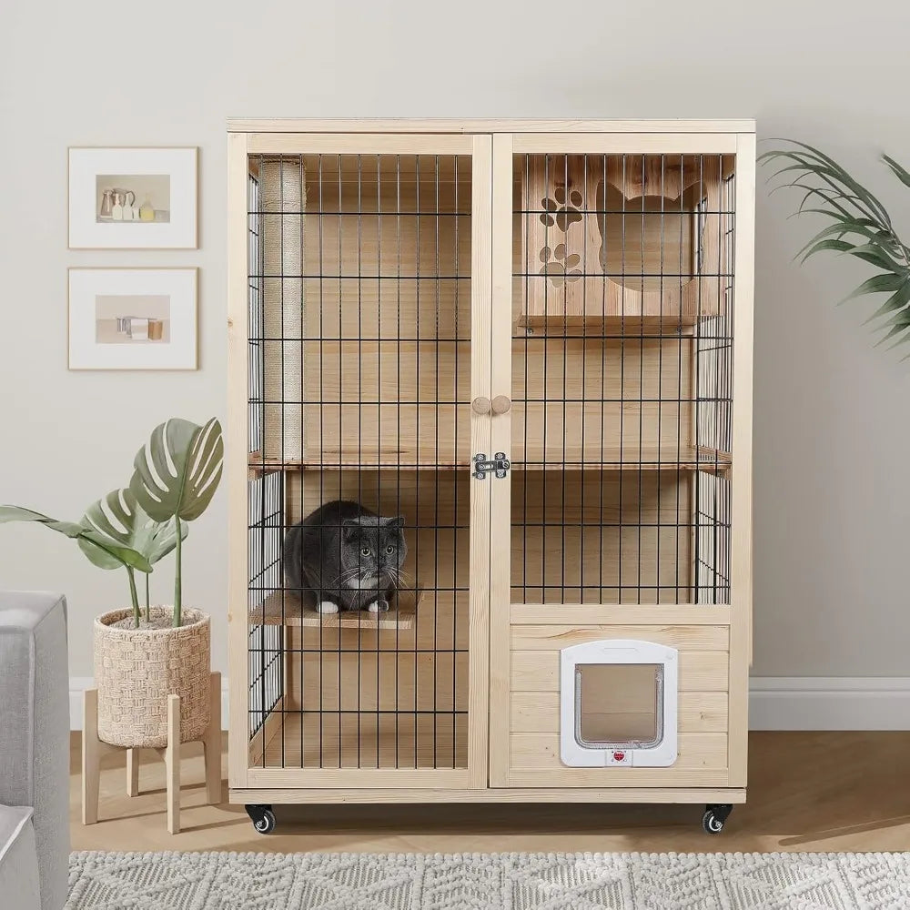 Wooden Cat House Enclosed Large Space Cage Indoor with Scratching Post and Lockable Wheels Double Layer with Escape Door