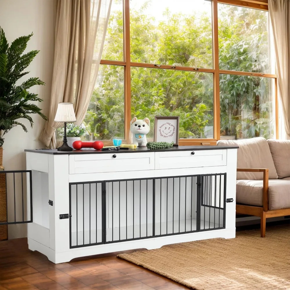 Large Dog Crate Furniture-Decorative Heavy Duty Dog Cage Indoor, Wooden Dog Cage End Table with Charging Station, Dog House with