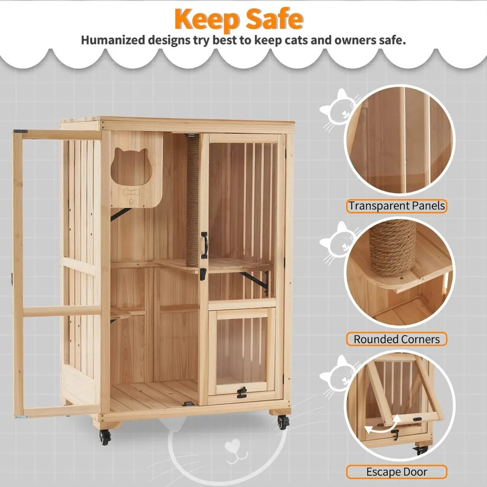 Luxury Cat House with Scratching Post, Wooden Multi Feature Large Cat Condo with Escape Door and Wheels, Kitten Cages with Shel