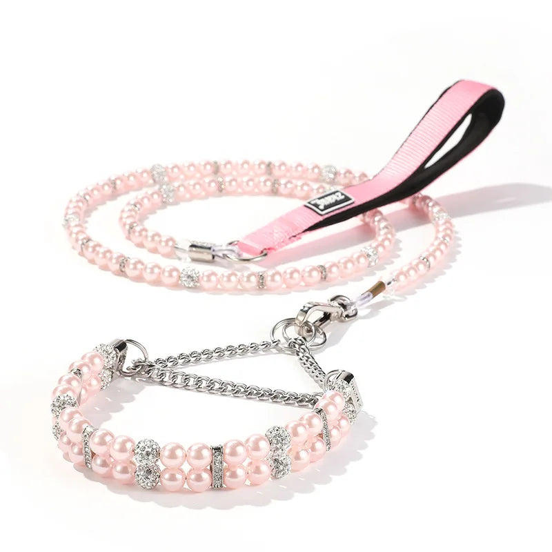White Pearl Pet Collar with Leash Set Elegant Dog Cat Necklace Harness, Adjustable Puppy Kitten Choker Chain Pet Accessories