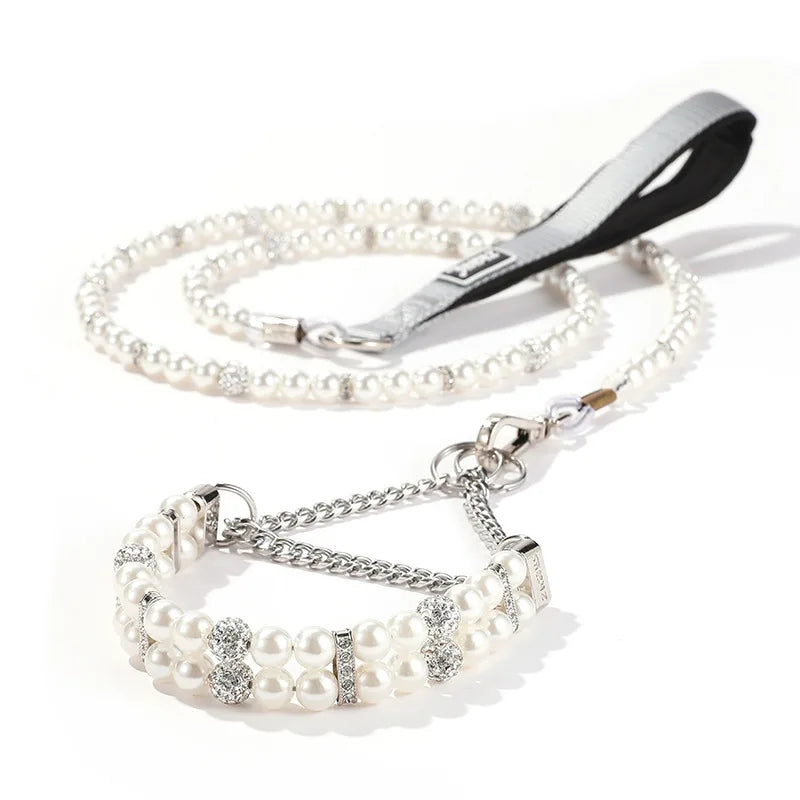 White Pearl Pet Collar with Leash Set Elegant Dog Cat Necklace Harness, Adjustable Puppy Kitten Choker Chain Pet Accessories
