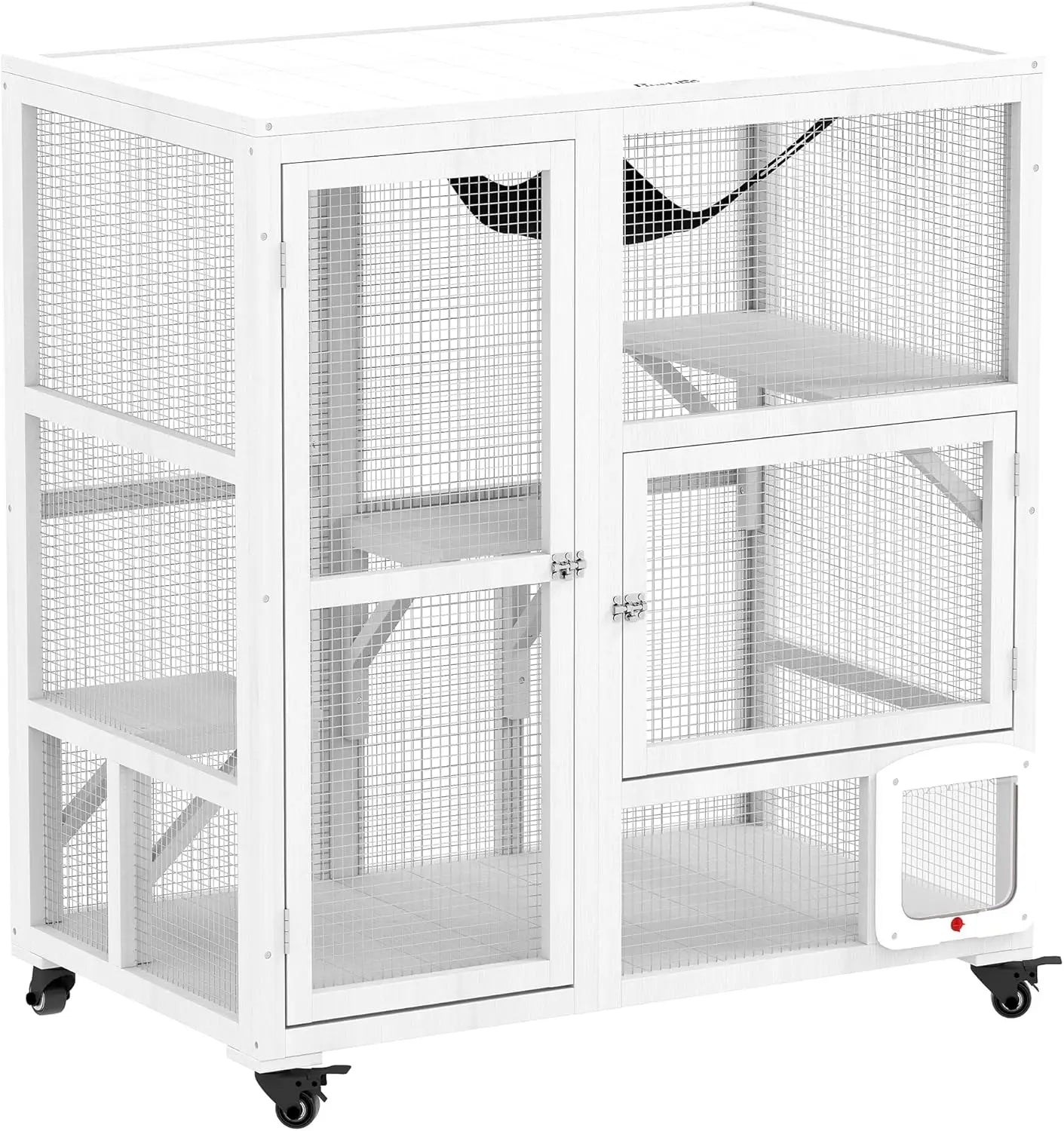 Indoor Wooden Catio, Cat House Cat Enclosure on Wheels with 3 Platforms, Hammock, Cat Flap Door & Openable Top