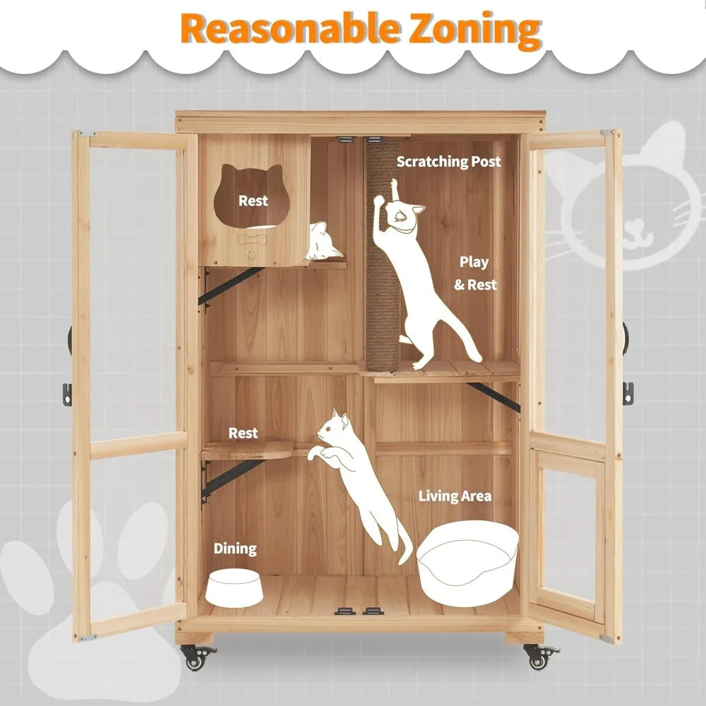 Luxury Cat House with Scratching Post, Wooden Multi Feature Large Cat Condo with Escape Door and Wheels, Kitten Cages with Shel