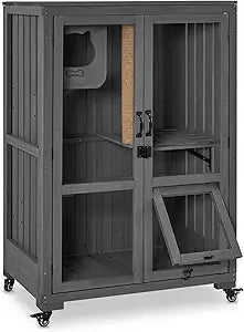 Luxury Cat House with Scratching Post, Wooden Multi Feature Large Cat Condo with Escape Door and Wheels, Kitten Cages with Shel