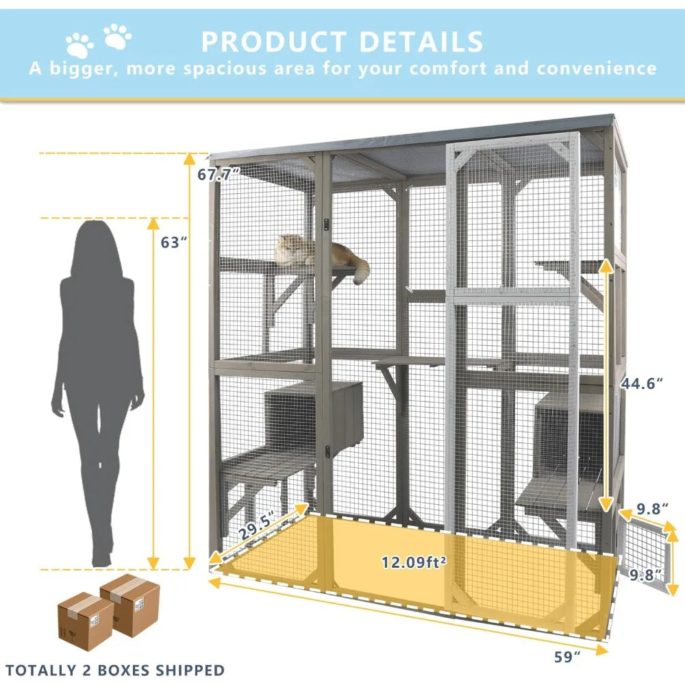Catio Outdoor Cat Enclosure Large Window Cat House Walk in Kitty Cage with Multi-Level Platforms, Waterproof Roof for Mulitiple