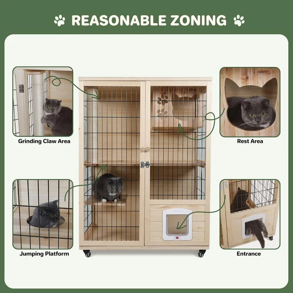 Wooden Cat House Enclosed Large Space Cage Indoor with Scratching Post and Lockable Wheels Double Layer with Escape Door