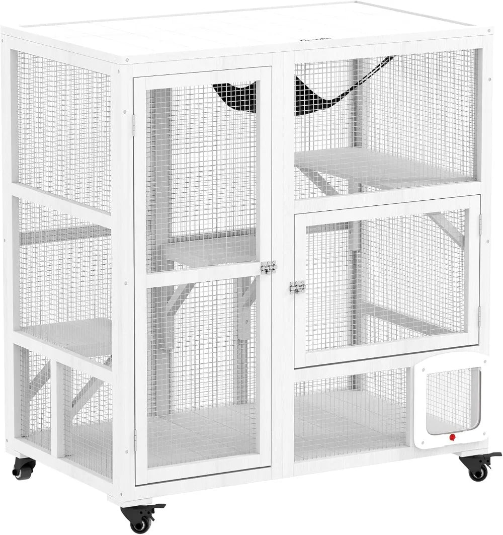 Indoor Wooden Catio, Cat House Cat Enclosure on Wheels with 3 Platforms, Hammock, Cat Flap Door & Openable Top