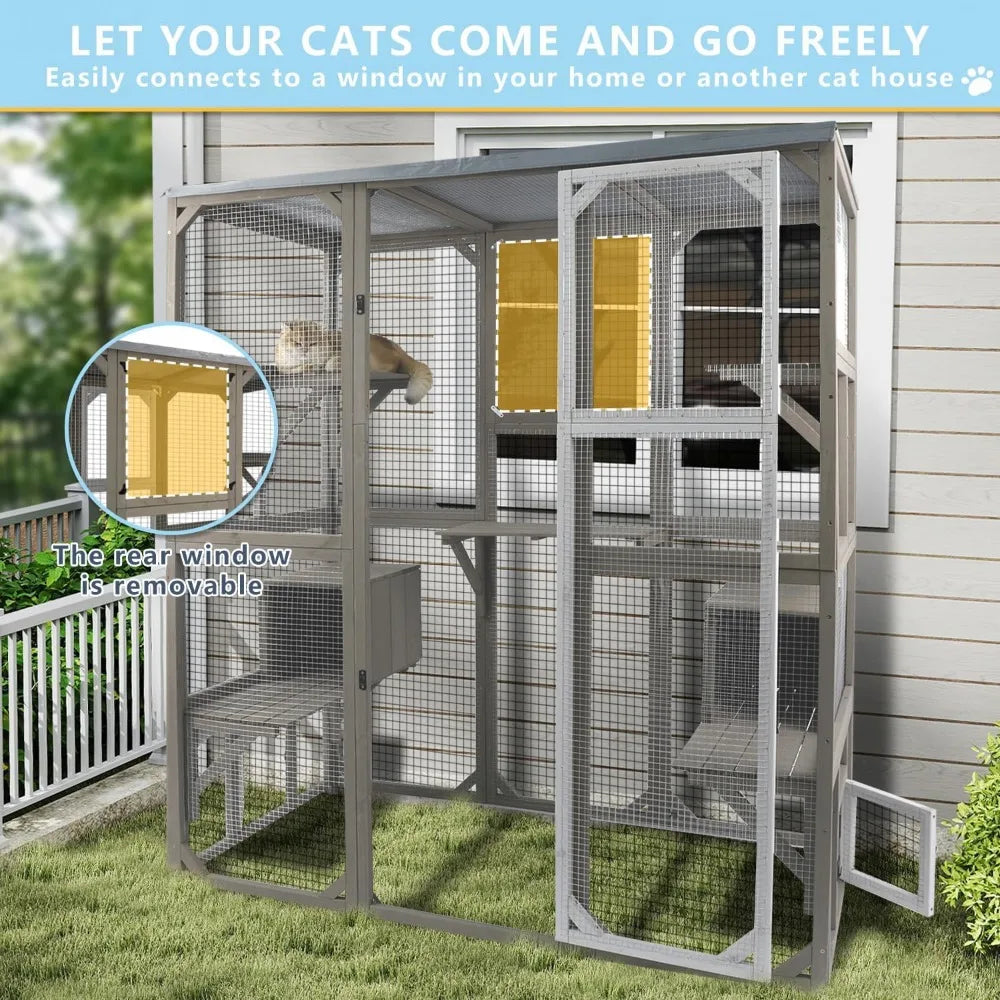 Catio Outdoor Cat Enclosure Large Window Cat House Walk in Kitty Cage with Multi-Level Platforms, Waterproof Roof for Mulitiple