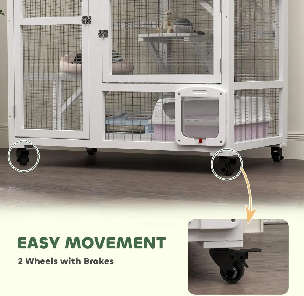 Indoor Wooden Catio, Cat House Cat Enclosure on Wheels with 3 Platforms, Hammock, Cat Flap Door & Openable Top