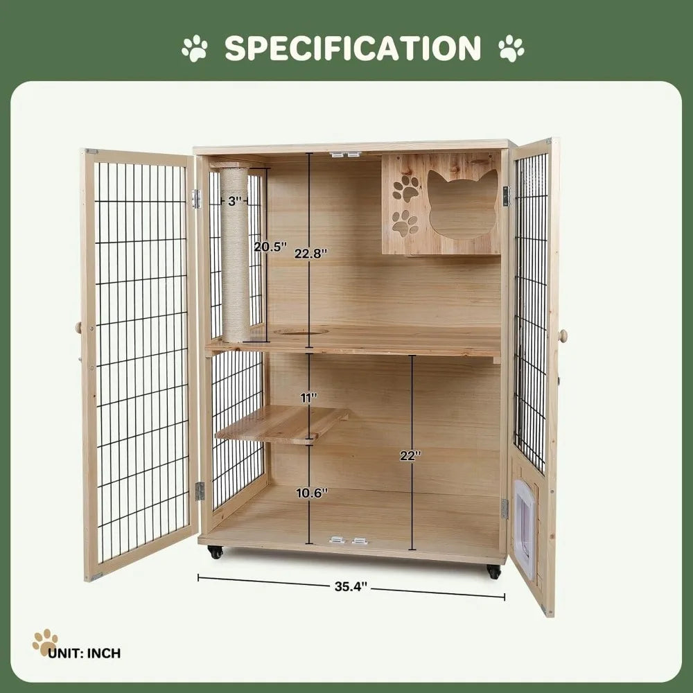 Wooden Cat House Enclosed Large Space Cage Indoor with Scratching Post and Lockable Wheels Double Layer with Escape Door