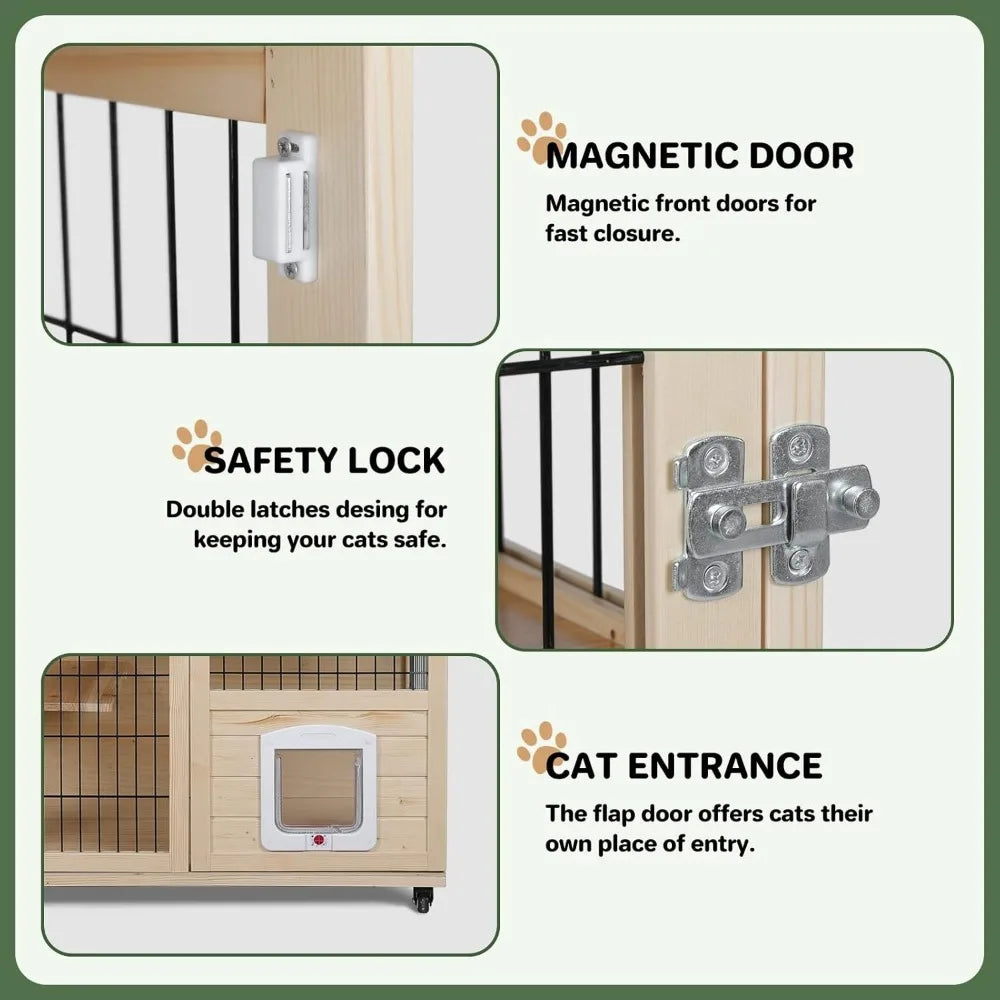 Wooden Cat House Enclosed Large Space Cage Indoor with Scratching Post and Lockable Wheels Double Layer with Escape Door