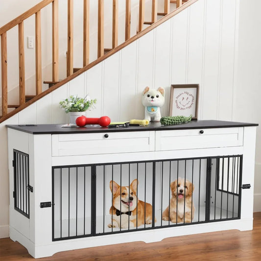 Large Dog Crate Furniture-Decorative Heavy Duty Dog Cage Indoor, Wooden Dog Cage End Table with Charging Station, Dog House with