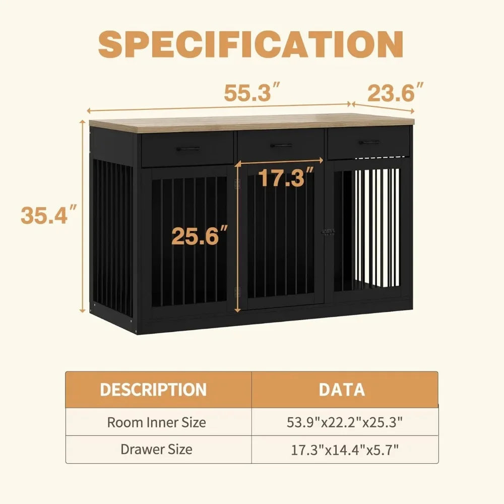 55.3" Extra Large Dog Crate Furniture, Indoor Heavy Duty Dog Kennel House with 3 Drawers, Modern Furniture Dog Crate Side End
