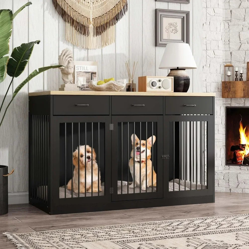 55.3" Extra Large Dog Crate Furniture, Indoor Heavy Duty Dog Kennel House with 3 Drawers, Modern Furniture Dog Crate Side End