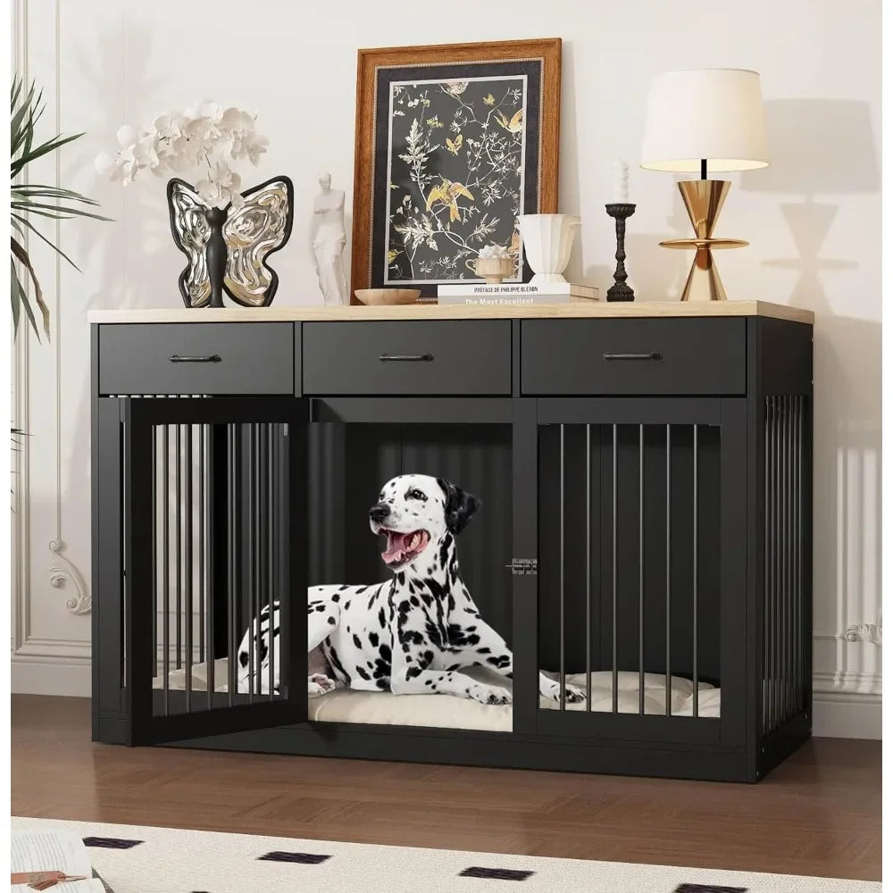 55.3" Extra Large Dog Crate Furniture, Indoor Heavy Duty Dog Kennel House with 3 Drawers, Modern Furniture Dog Crate Side End