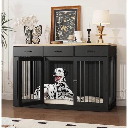 55.3" Extra Large Dog Crate Furniture, Indoor Heavy Duty Dog Kennel House with 3 Drawers, Modern Furniture Dog Crate Side End