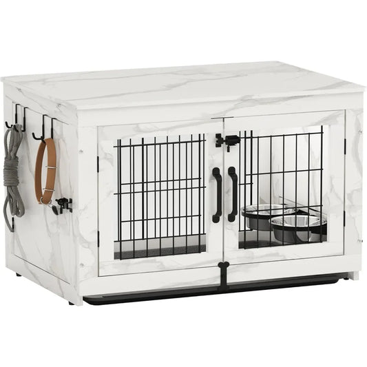 Wooden Dog Crate Furniture with 360°Rotatable Removable Dog Bowls, Dogs Crate End Table with Tray, Double Doors Dogs Kennels