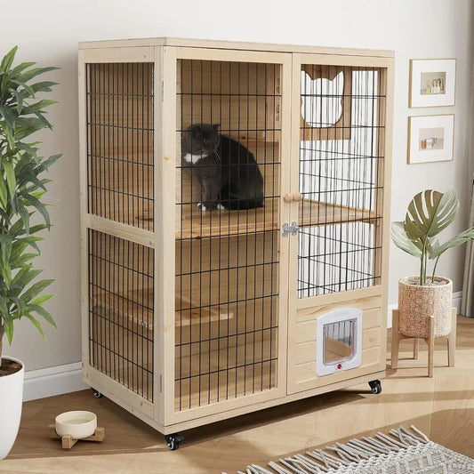 Wooden Cat House Enclosed Large Space Cage Indoor with Scratching Post and Lockable Wheels Double Layer with Escape Door
