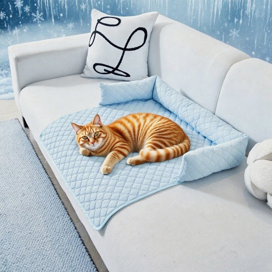 Summer Cooling Feel Pet Sofa Blanket for Medium Dogs Ice Silk Cat Dog Sleeping Nest Non-slip Plaid Dog Bed Pad with Neck Pillow