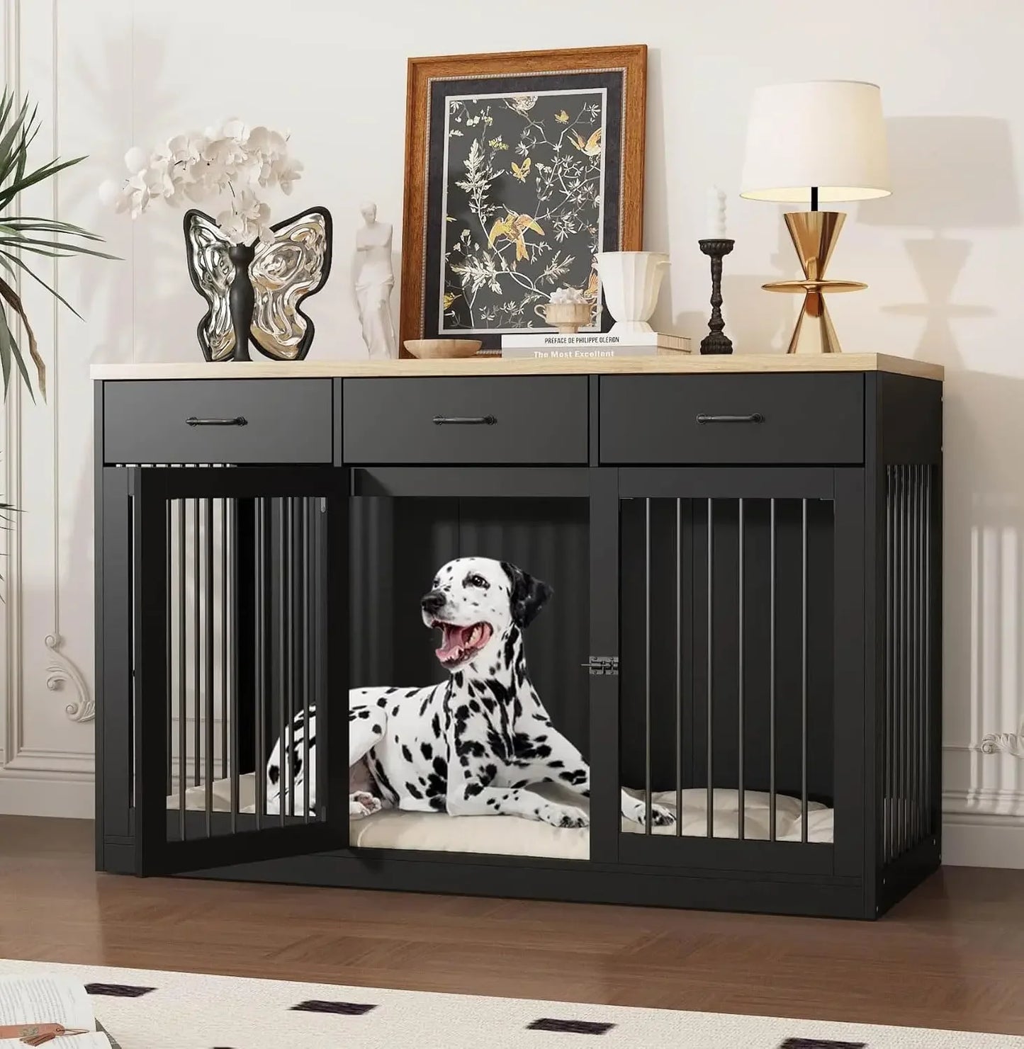 55.3" Extra Large Dog Crate Furniture, Indoor Heavy Duty Dog Kennel House with 3 Drawers, Modern Furniture Dog Crate Side End
