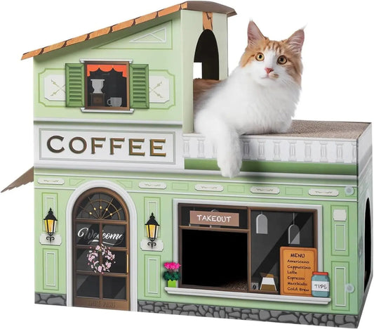 Cat Beds for Indoor Cats, Cardboard Cat House with Scratchers, Coffee Shop, Large Sturdy Cat Furniture Condo Cave Tent