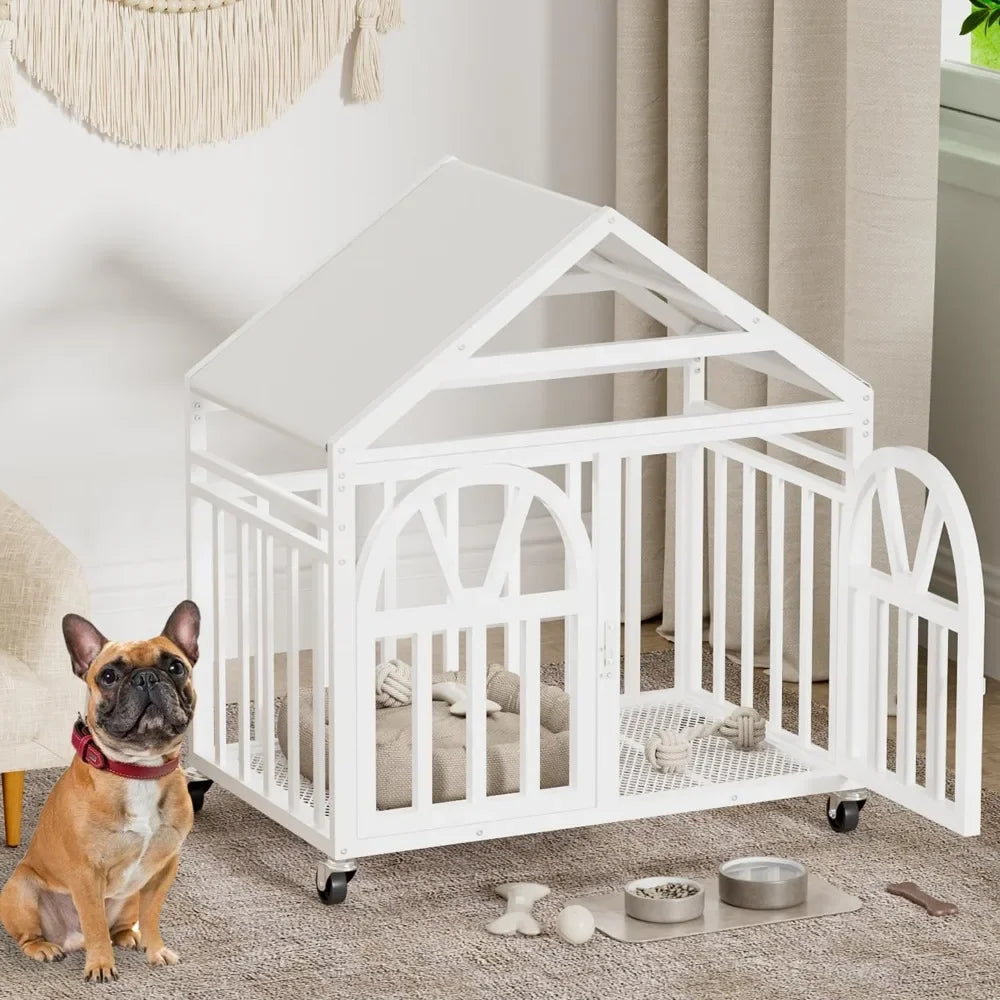 Dog House Heavy Duty Crate for Small Medium Dogs, 33.5 Inch Chew Proof Pet Cage with Pointed Roof, Movable Kennel with Wheels