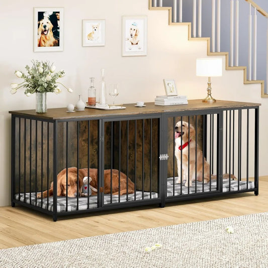 Very / Double Dog Crate Furniture, 80.2 Inch Large Breed Dog Kennel With Divider, Heavy Duty Dog House TV Stand Indoor F