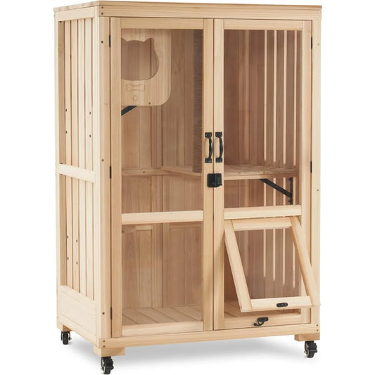 Luxury Cat House with Scratching Post, Wooden Multi Feature Large Cat Condo with Escape Door and Wheels, Kitten Cages with Shel