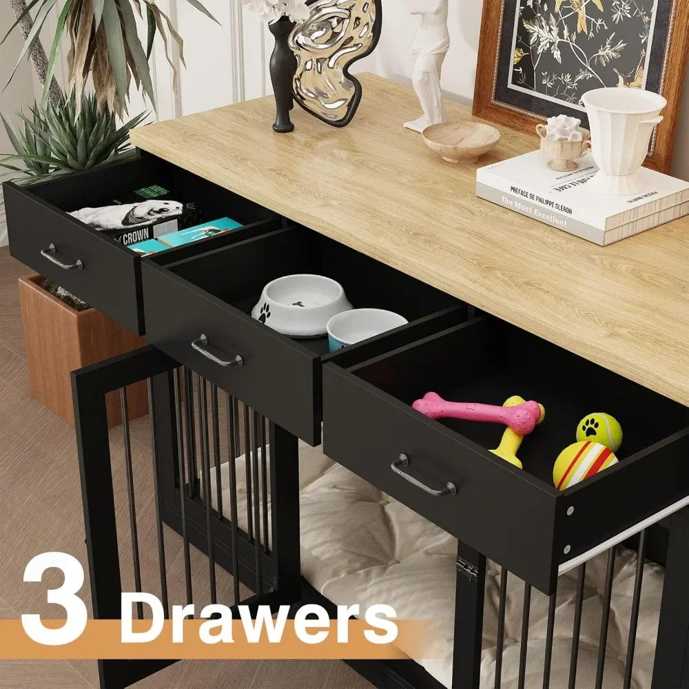 55.3" Extra Large Dog Crate Furniture, Indoor Heavy Duty Dog Kennel House with 3 Drawers, Modern Furniture Dog Crate Side End