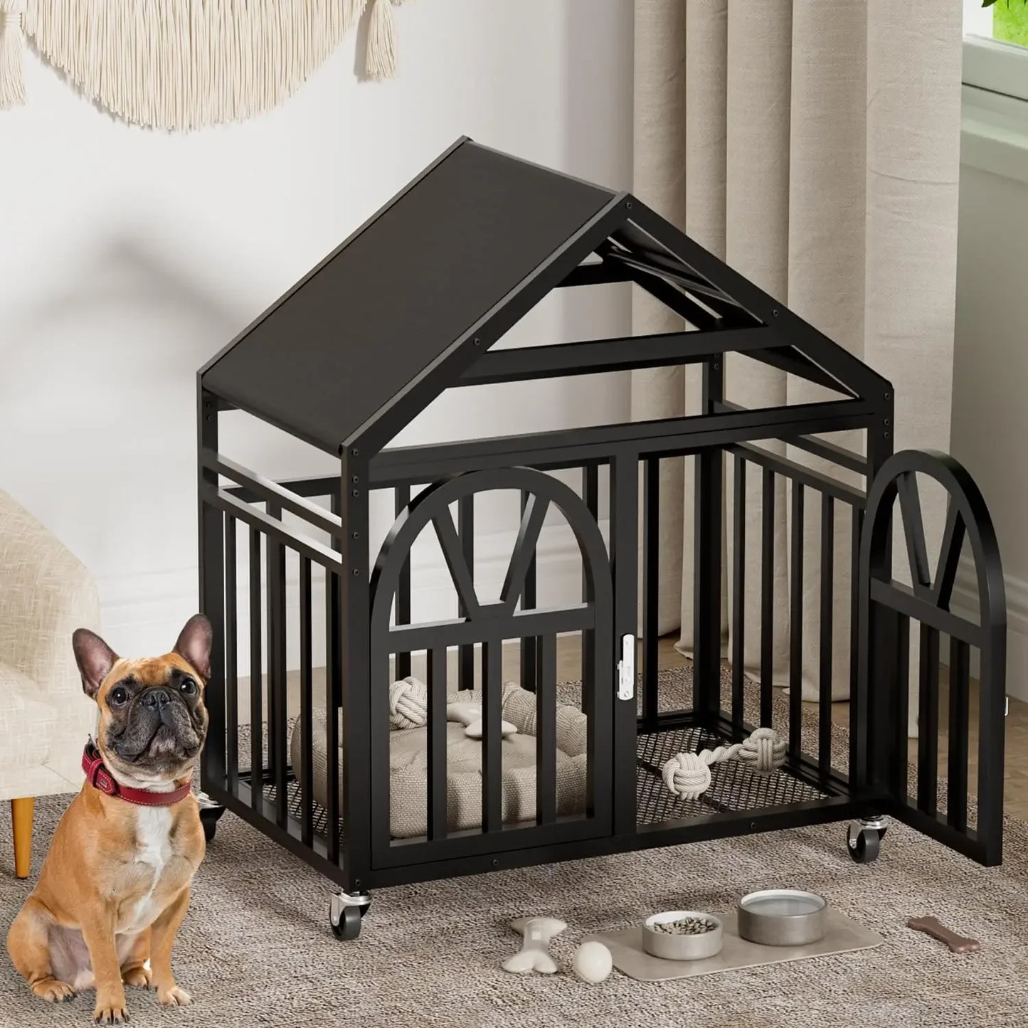 Dog House Heavy Duty Crate for Small Medium Dogs, 33.5 Inch Chew Proof Pet Cage with Pointed Roof, Movable Kennel with Wheels