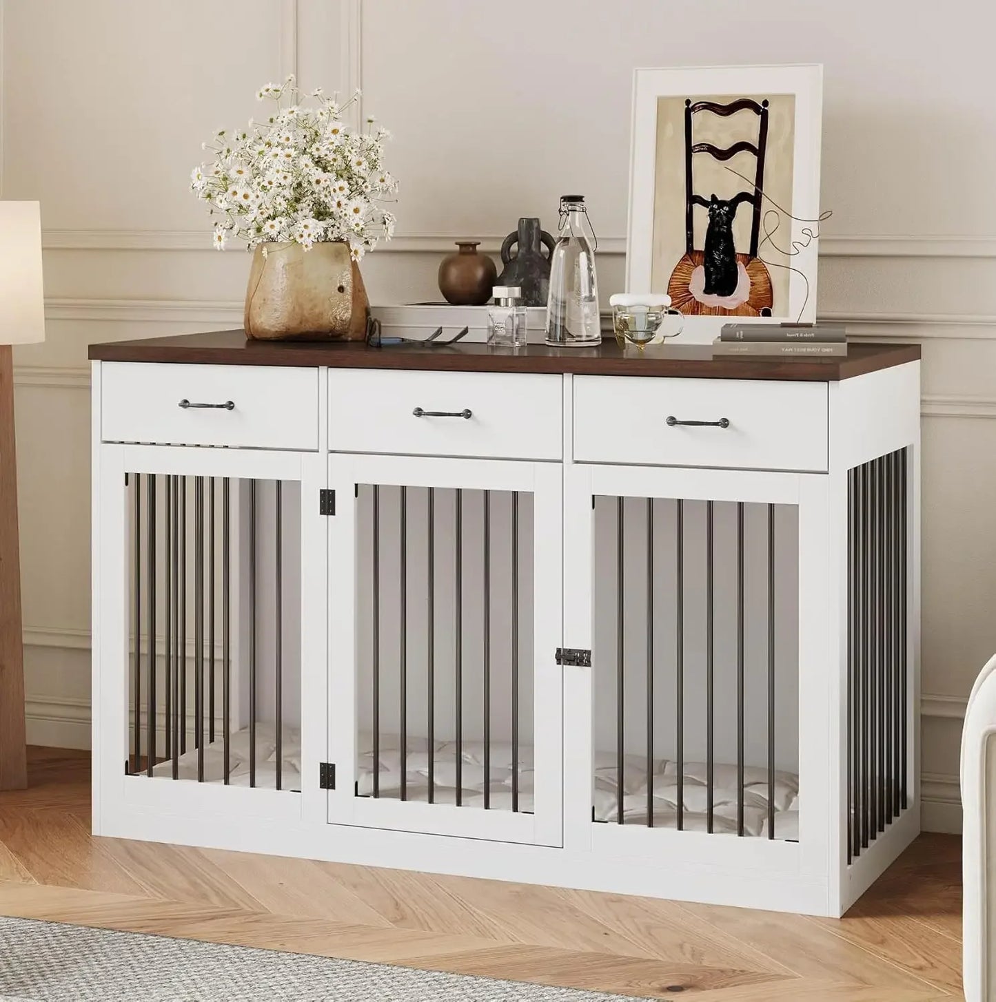 55.3" Extra Large Dog Crate Furniture, Indoor Heavy Duty Dog Kennel House with 3 Drawers, Modern Furniture Dog Crate Side End