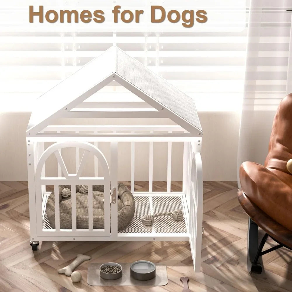 Dog House Heavy Duty Crate for Small Medium Dogs, 33.5 Inch Chew Proof Pet Cage with Pointed Roof, Movable Kennel with Wheels