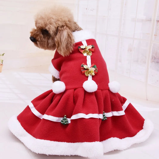 Double-sided Velvet Thickened Bow Hairball Bell Red Pet Christmas Dress, New Dog Pet Clothes for Autumn and Winter